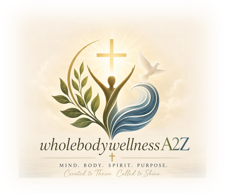 Whole Body Wellness A to Z — a cross above a figure with uplifted arms, olive leaves, water and a dove